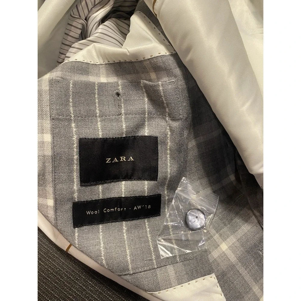 Zara Men‎ Blazer Size 46 R Gray Plaid Wool Comfort 2 Button Double Vented AW'18